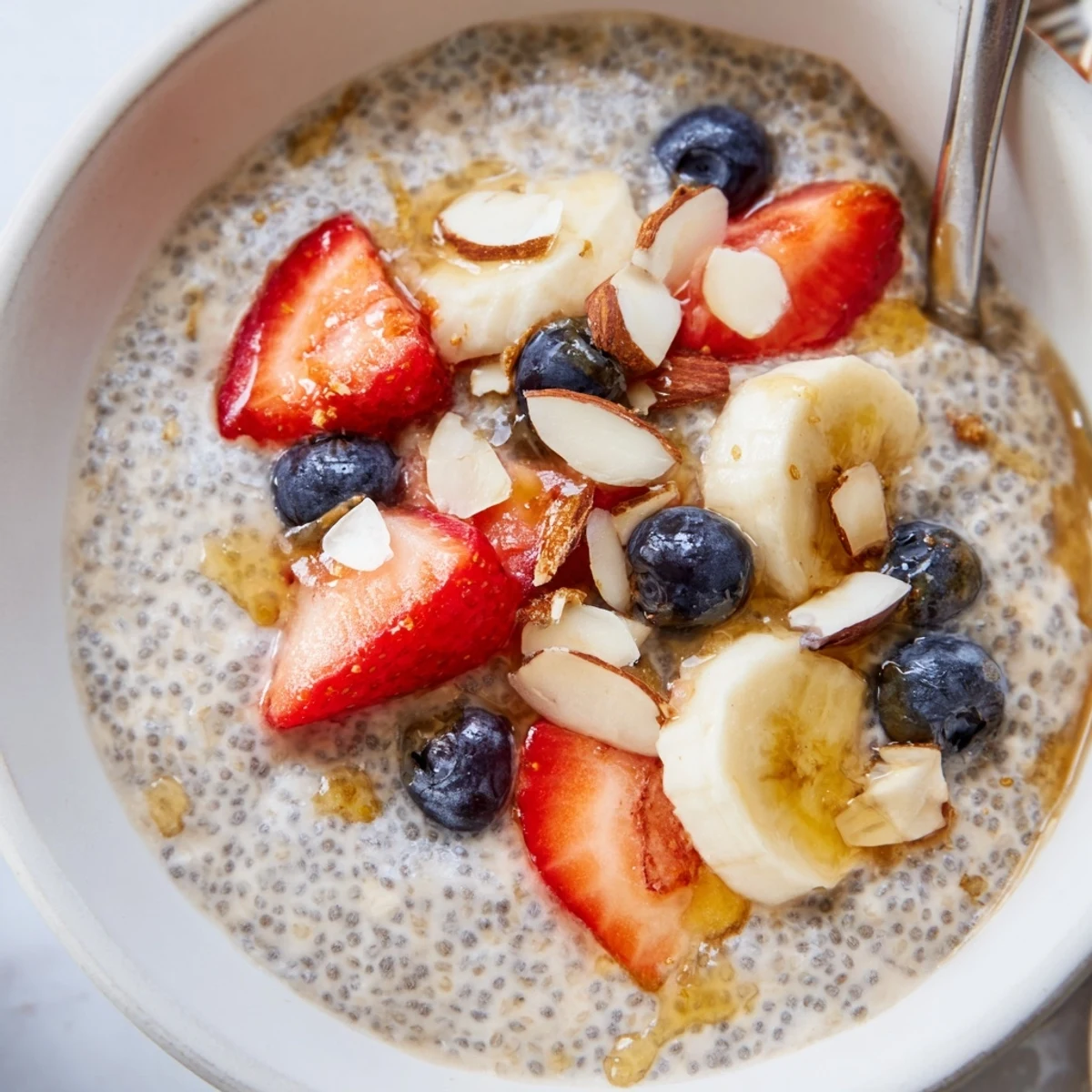 A spoonful of thick, vegan chia seed pudding with mango chunks and a drizzle of maple syrup, perfect as a nutritious snack or dessert.