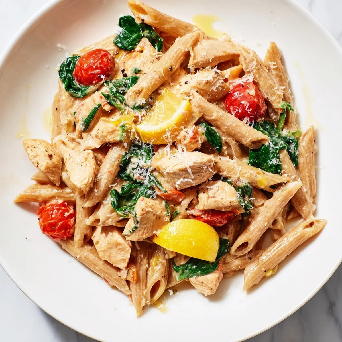 A bowl of Greek Yogurt Chicken Pasta garnished with Parmesan and fresh basil, highlighting its rich, protein-packed sauce.