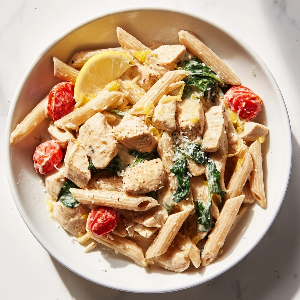 Creamy Greek Yogurt Chicken Pasta with tender chicken, spinach, and cherry tomatoes served over whole wheat penne.