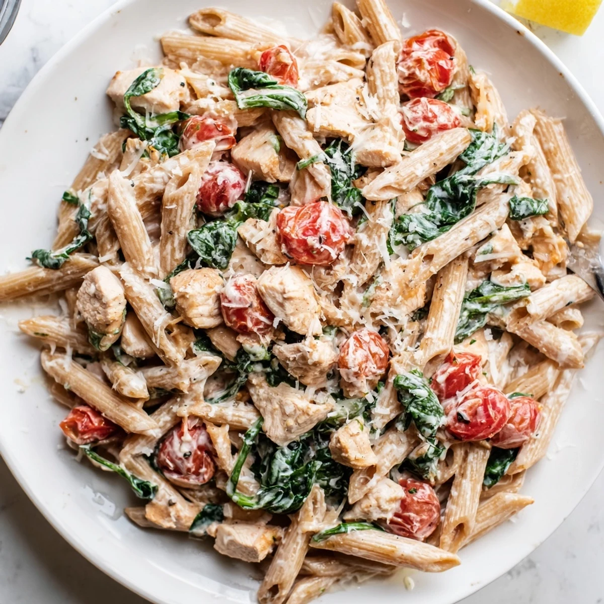 Healthy Greek Yogurt Chicken Pasta featuring al dente penne, sautéed vegetables, and a light, tangy sauce perfect for weeknights.