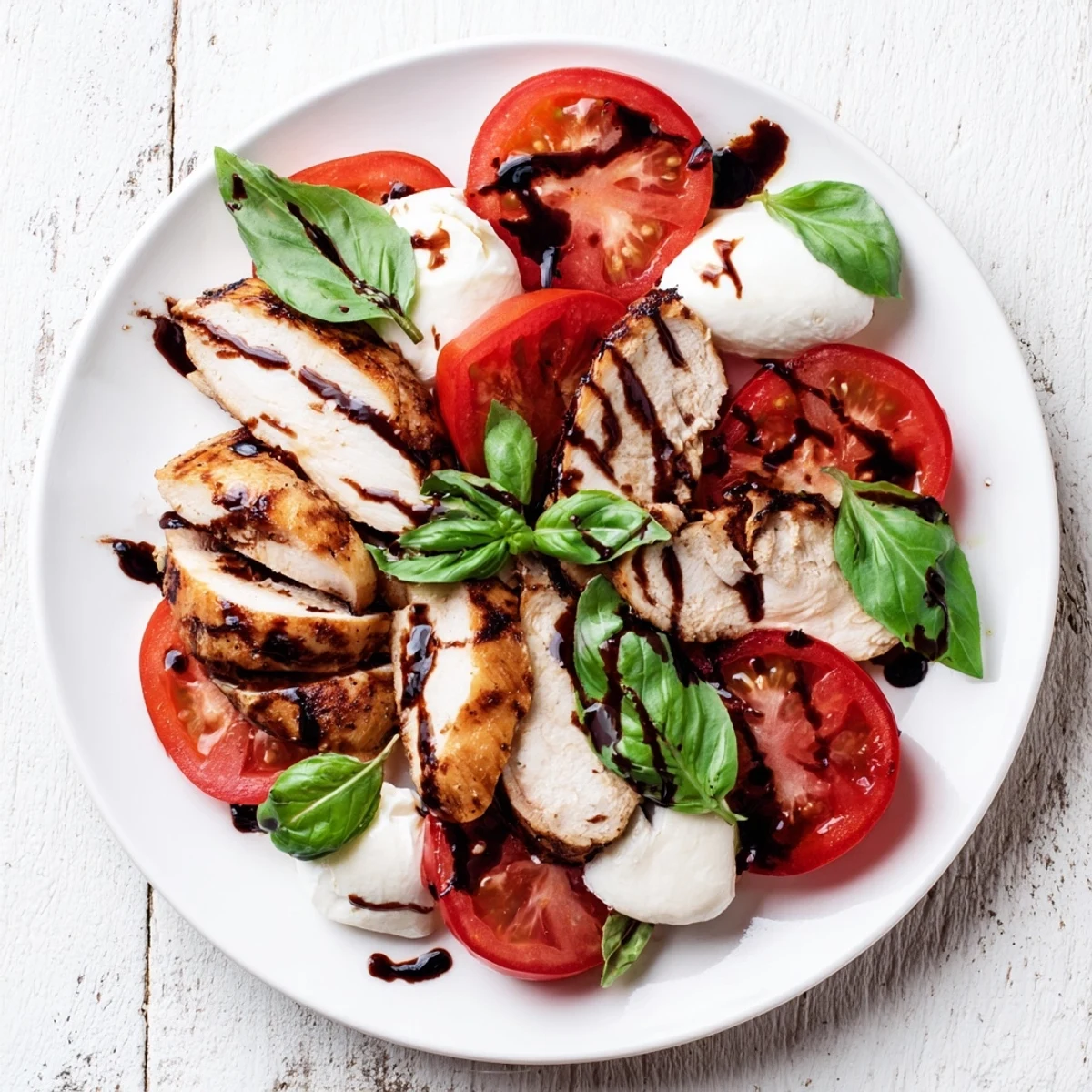 Golden grilled chicken slices rest on fresh mozzarella, ripe tomato, and fragrant basil, drizzled with balsamic glaze for this vibrant Chicken Caprese Salad.