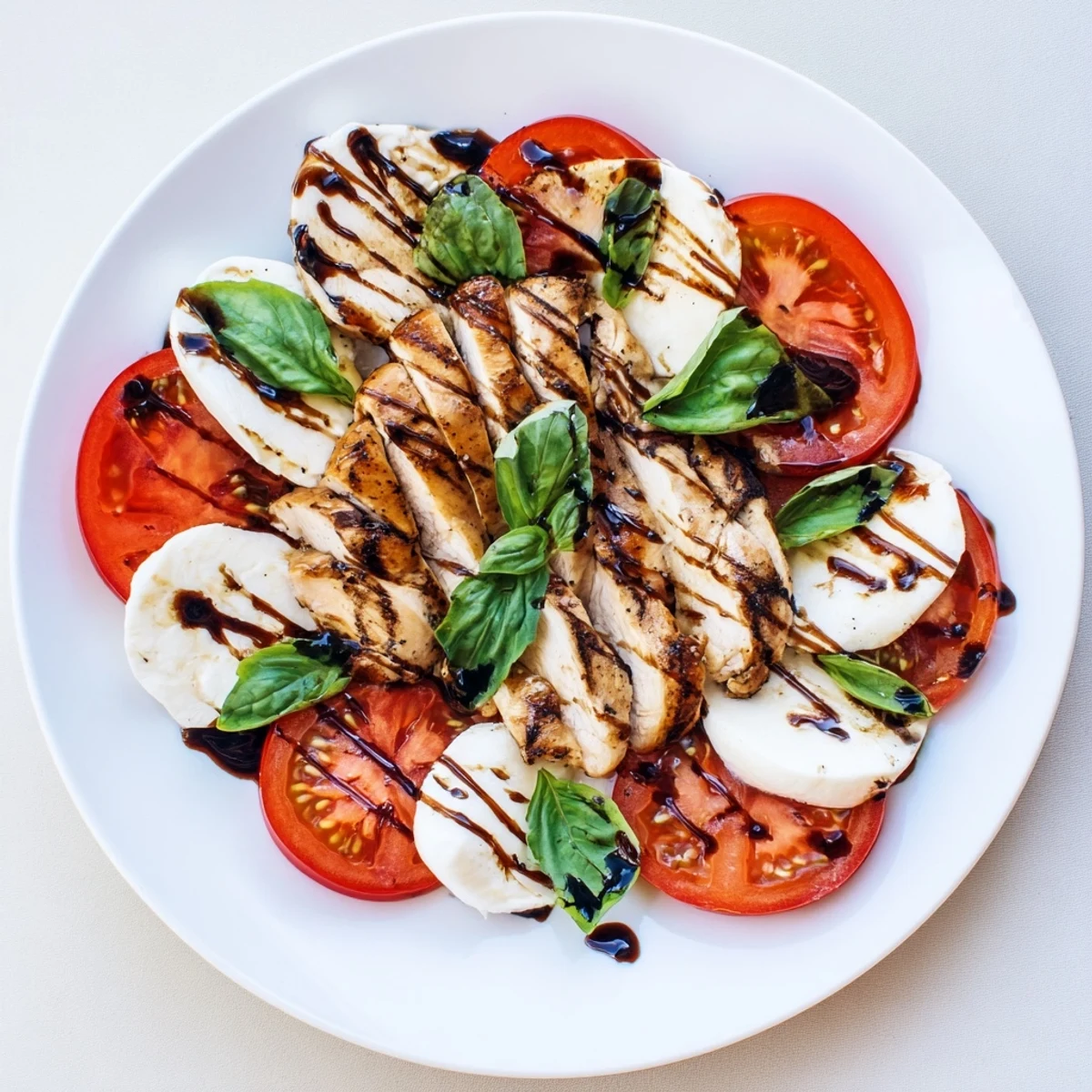 Sliced grilled chicken tops a colorful platter of mozzarella, tomatoes, and basil in this easy, gluten-free Chicken Caprese Salad, ready to serve.