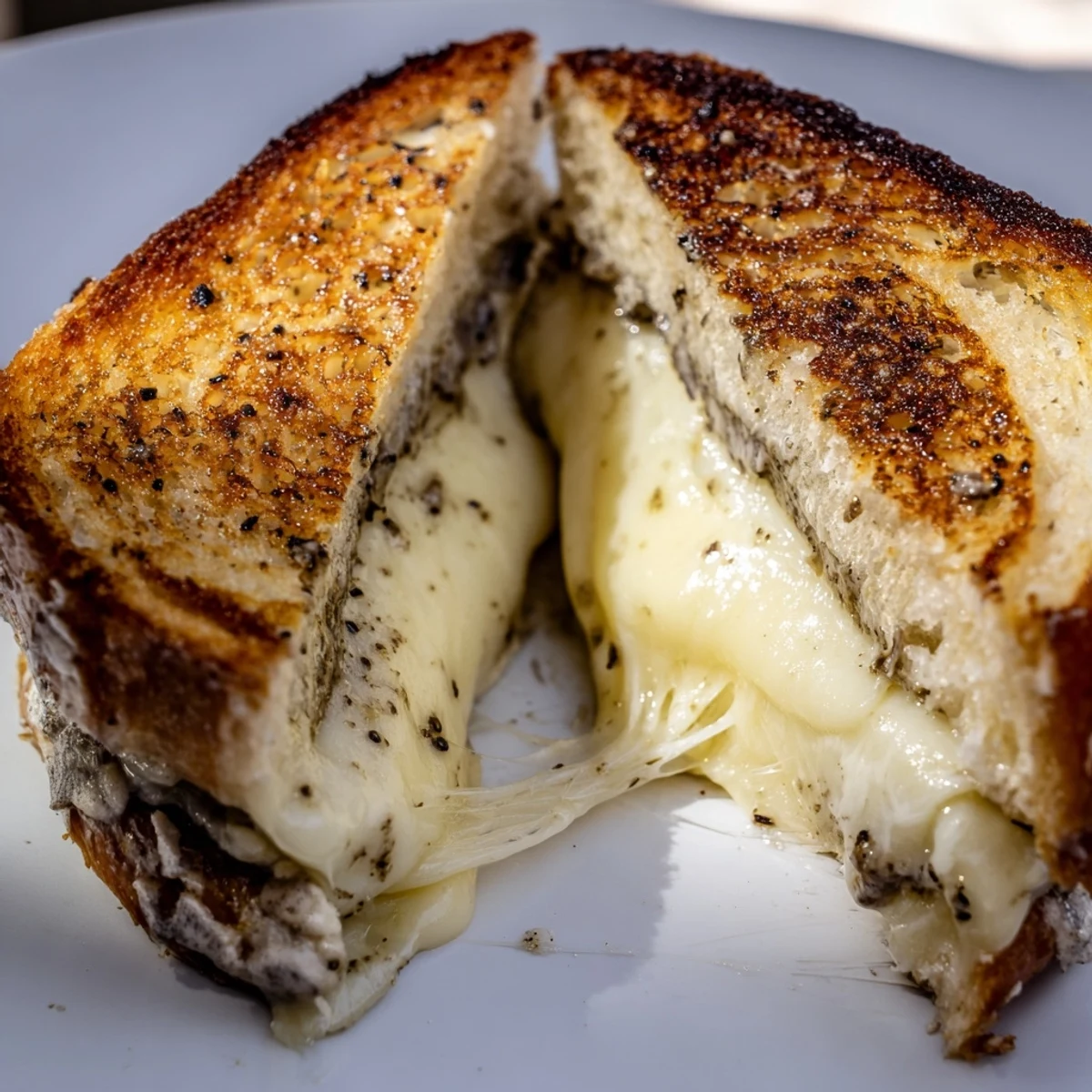 Golden-brown Truffle Grilled Cheese sandwiches, featuring melted Gruyère and aromatic truffle oil, served on toasted sourdough bread.