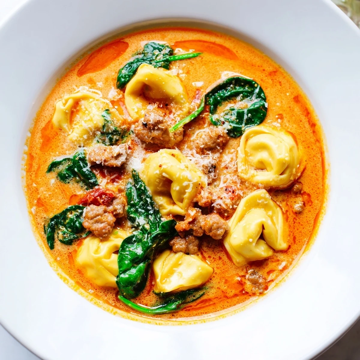 A steaming bowl of Tuscan Tortellini Soup with creamy tomato broth, Italian sausage, and wilted spinach, topped with grated Parmesan.