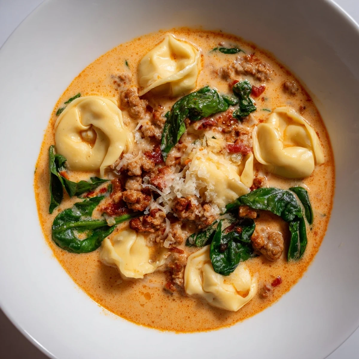 Comforting Tuscan Tortellini Soup served with a slice of crusty bread, perfect for dipping into the hearty, herb-infused broth.