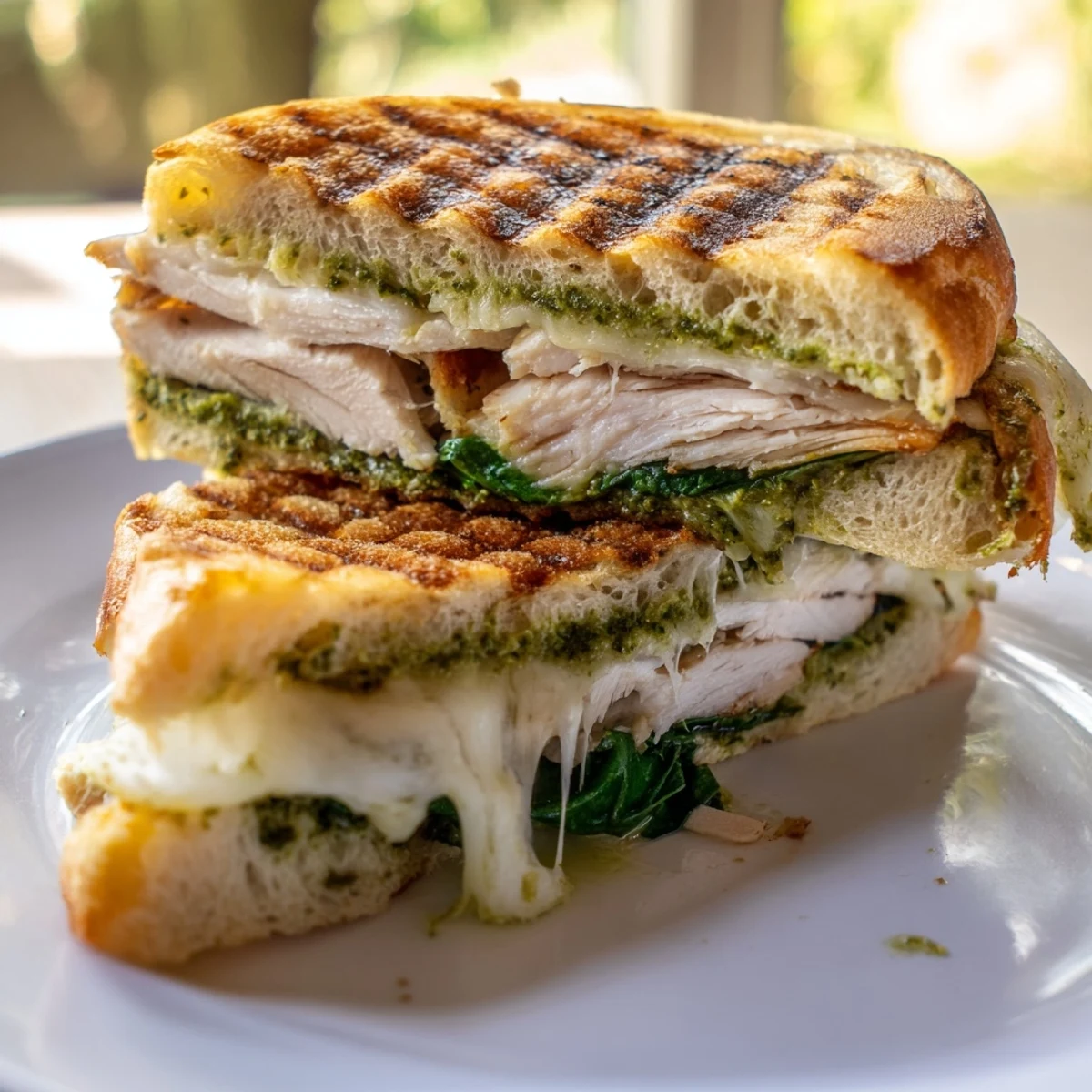Golden, melty mozzarella oozes from a grilled chicken pesto panini on ciabatta, with fresh tomato and spinach tucked inside.