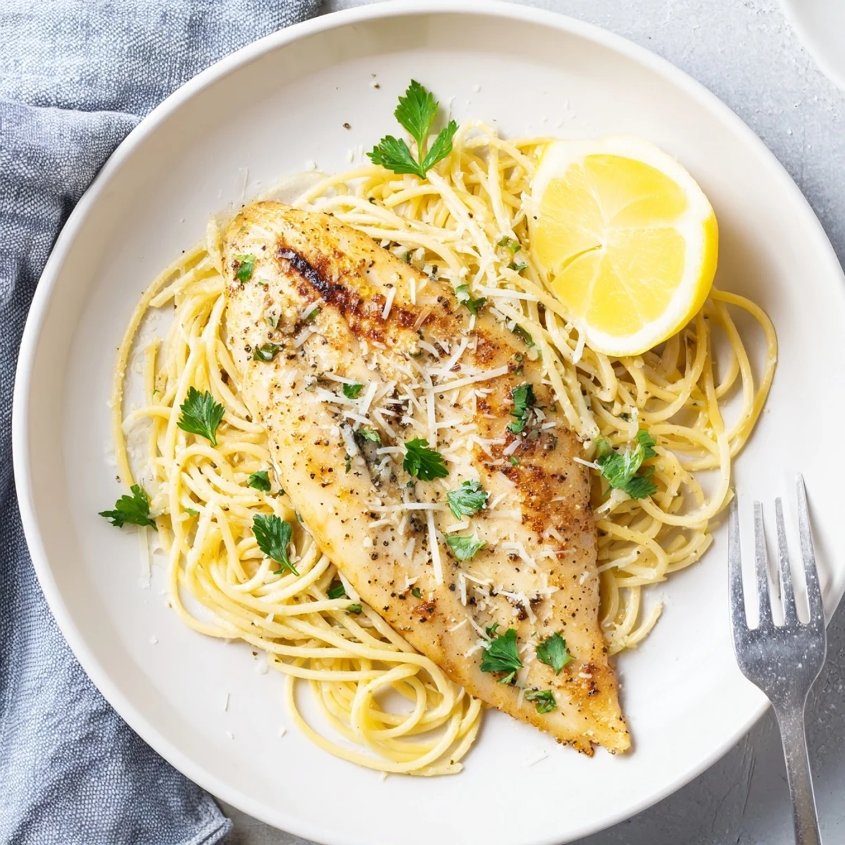 Fork-tender grilled sea bass resting atop spaghetti tossed in a bright lemon-butter sauce with fresh parsley garnish.