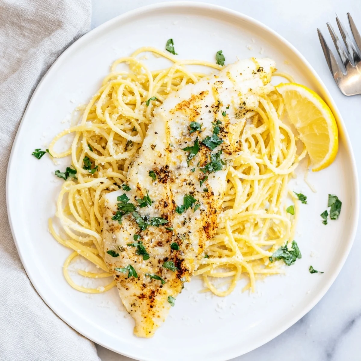 Lemon Bass Pasta plated elegantly, featuring flaky white fish, garlicky noodles, and a wedge of lemon for squeezing.