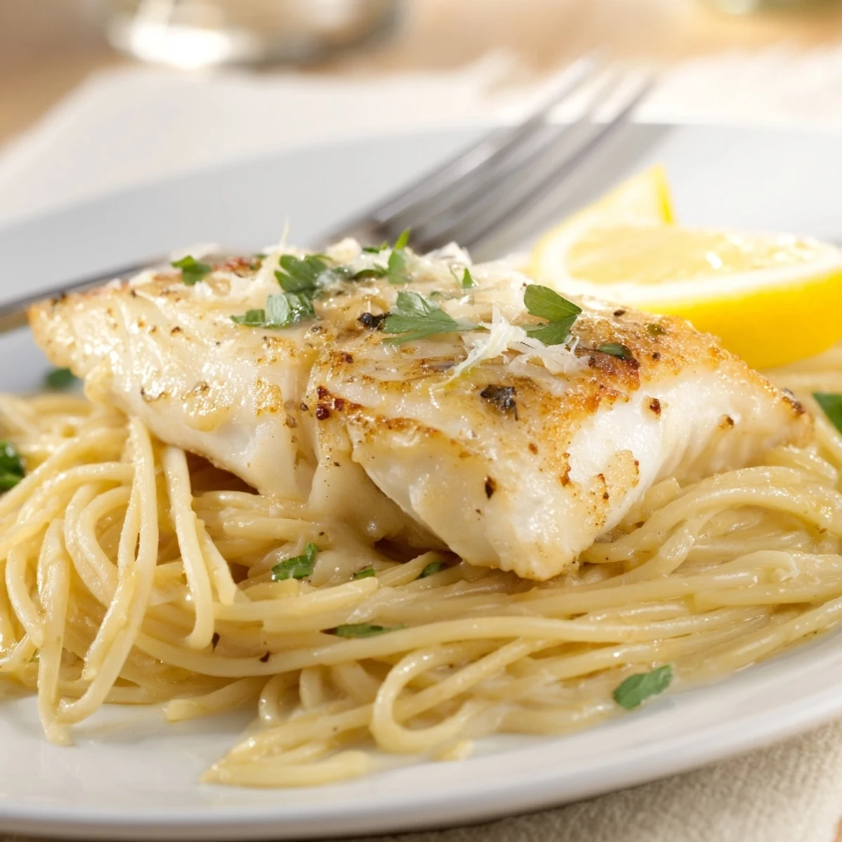 Vibrant serving of Lemon Bass Pasta with golden grilled fillets, al dente spaghetti, and a zesty Parmesan finish.