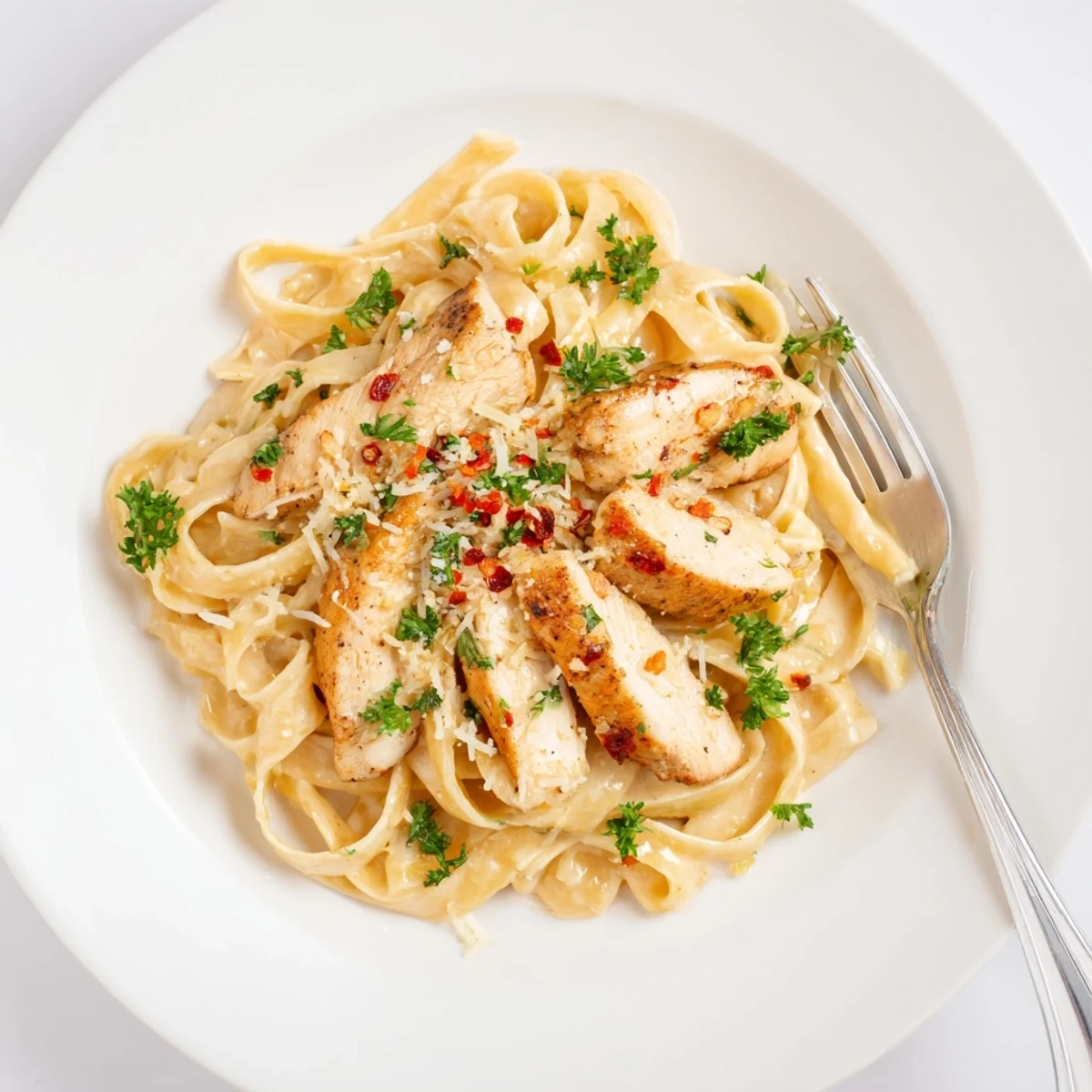 Plated Cajun Chicken Alfredo with golden chicken strips, creamy sauce, and garnished with chopped parsley on a rustic wooden table.