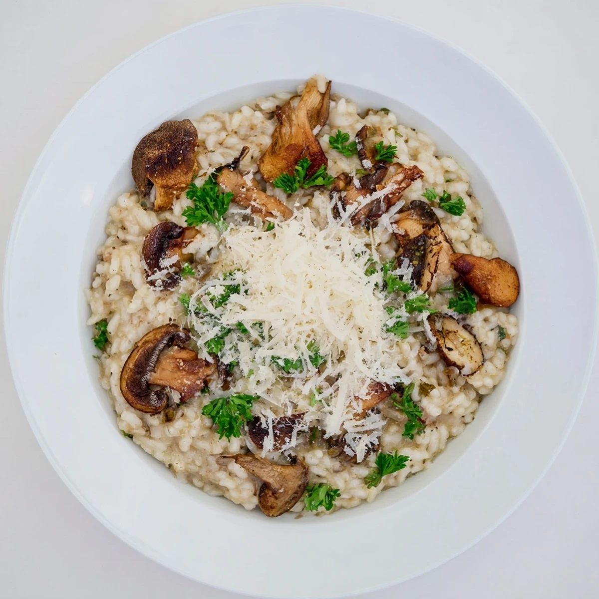 A close-up of creamy Roasted Mushroom Risotto in a white bowl, topped with golden caramelized mushrooms, fresh parsley, and a sprinkle of Parmesan.