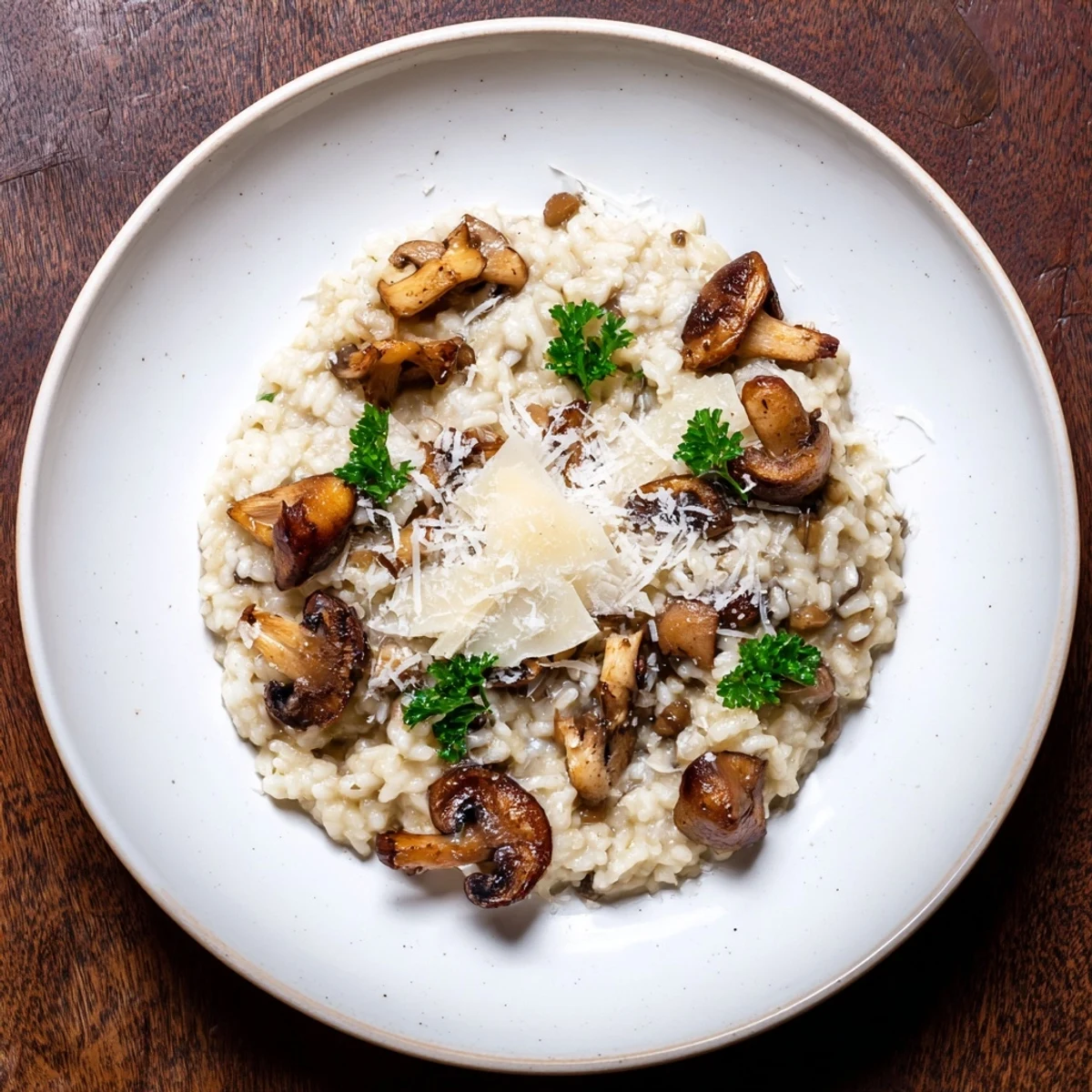 A rustic kitchen table setting featuring Roasted Mushroom Risotto in a skillet, garnished with thyme and served alongside a glass of white wine.