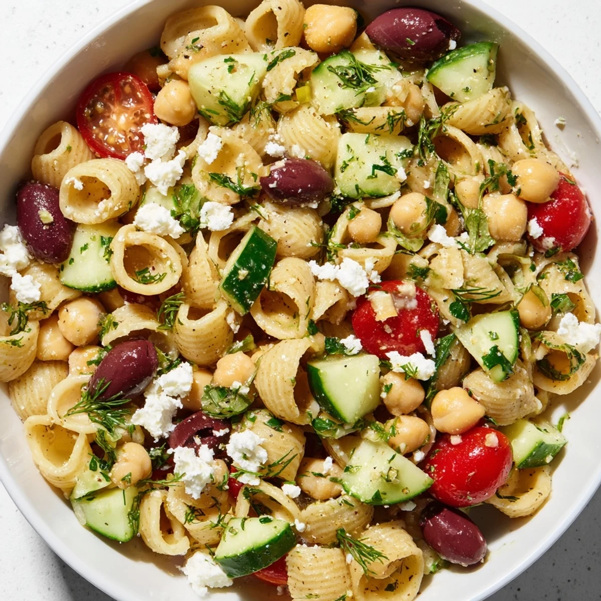 Freshly cooked chickpea pasta tossed with crisp cucumber, cherry tomatoes, and herbs in a zesty lemon dressing, ready to serve.