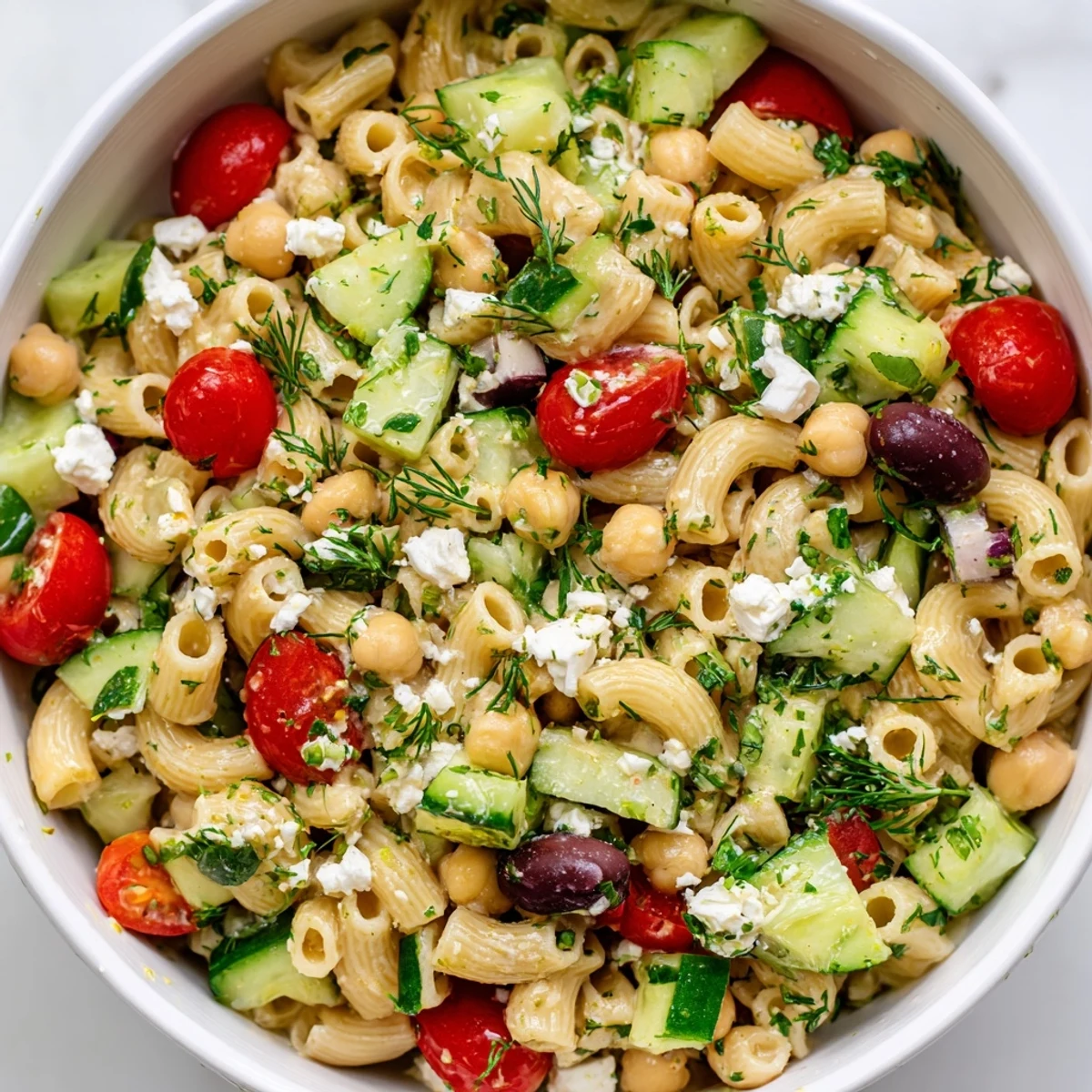 A vibrant bowl of Lemon Herb Chickpea Pasta Salad, featuring diced vegetables, fresh dill, and mint on a rustic wooden table.