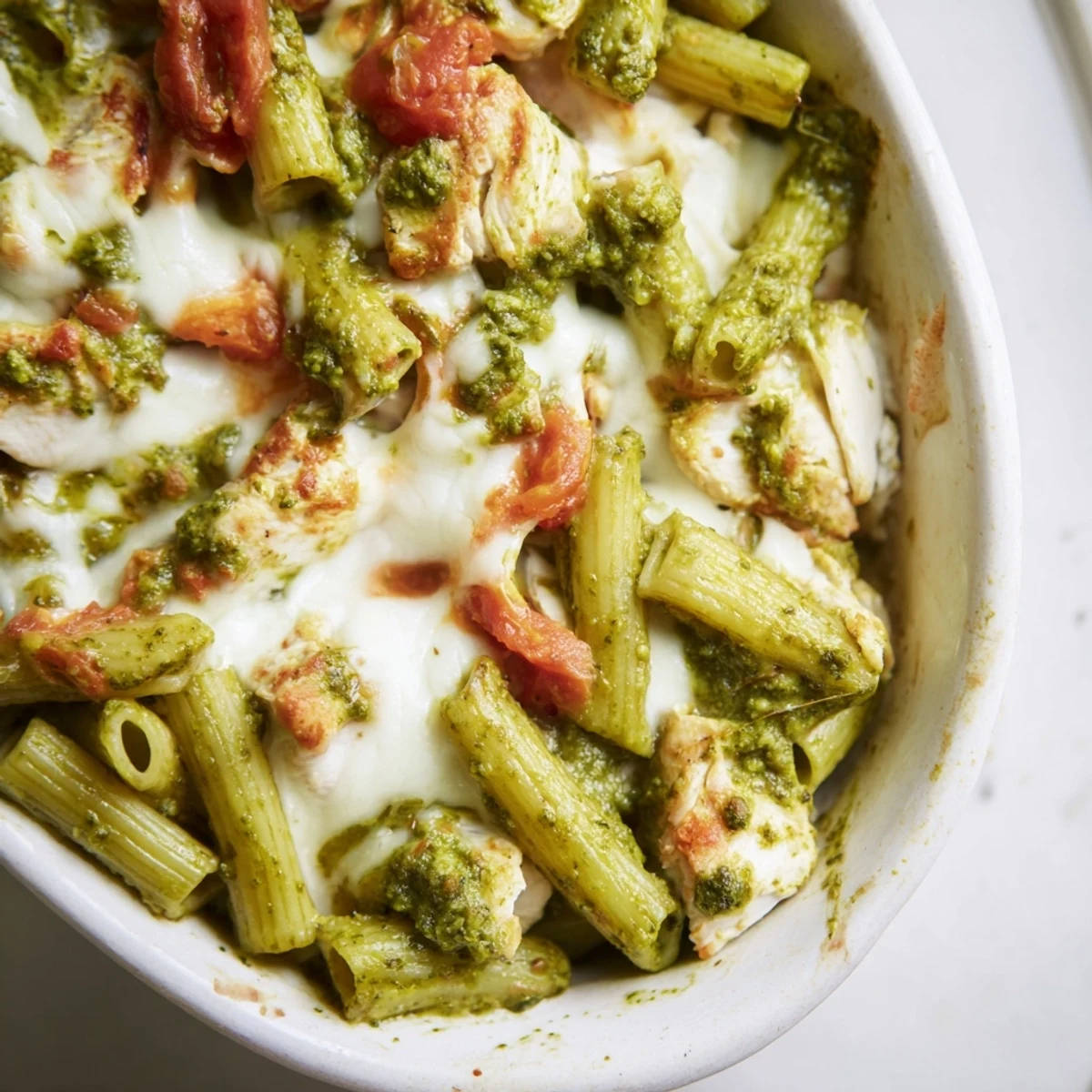 Golden baked pesto chicken pasta with bubbly mozzarella and fresh basil garnish.  