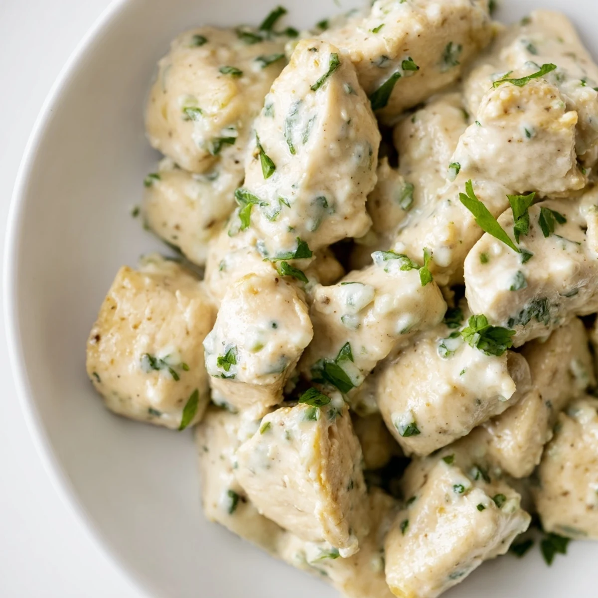 Spicy jalapeño ranch chicken salad garnished with fresh cilantro and chives, served on a rustic wooden table for a hearty meal.