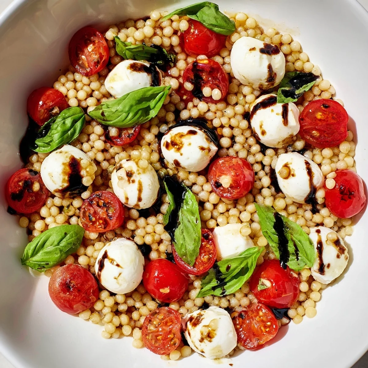 A large serving bowl holds a finished Caprese Couscous Salad, glistening with a dark balsamic glaze and fresh green basil ribbons.