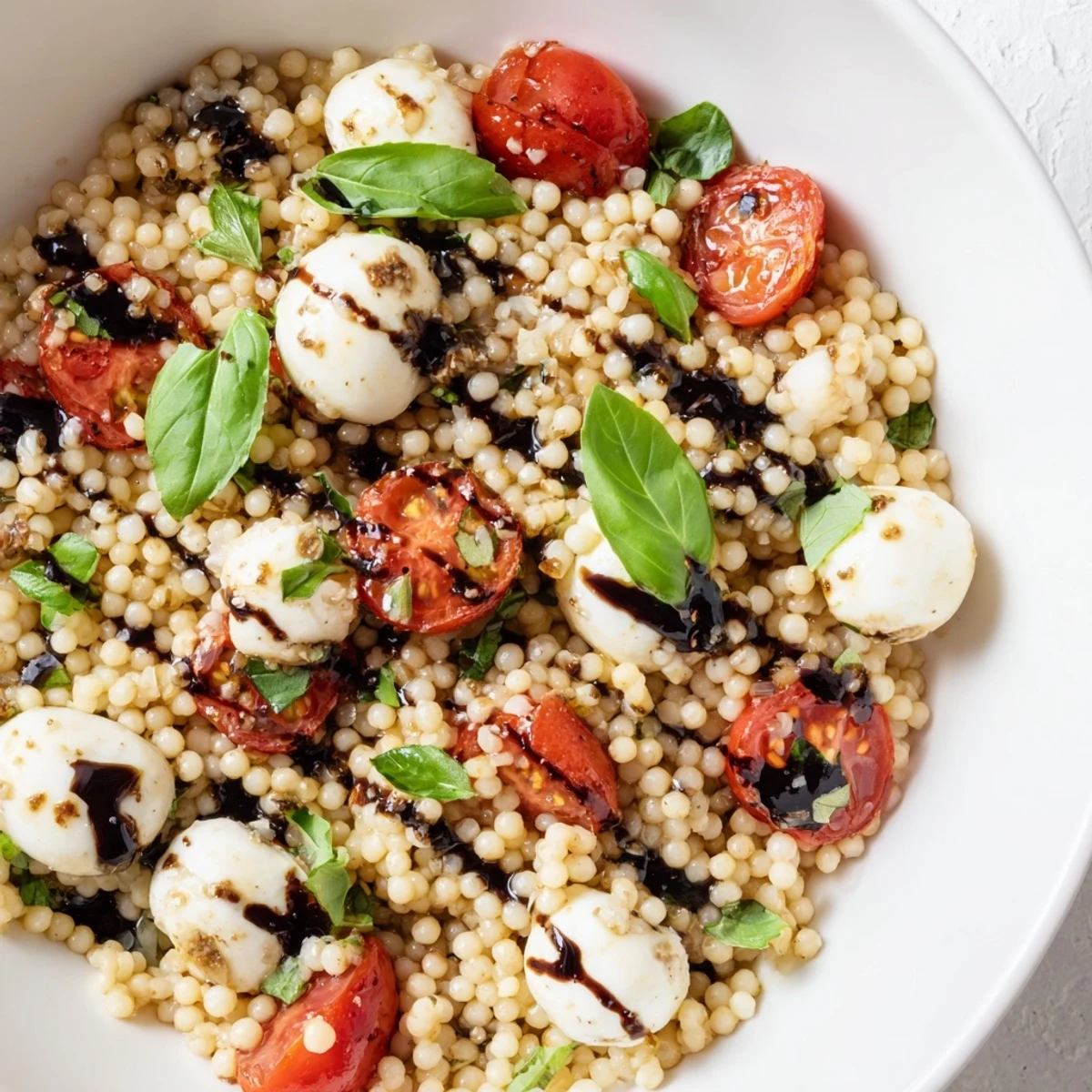 Bright cherry tomatoes and creamy mozzarella balls are tossed with tender Israeli couscous and fresh basil in this Caprese Couscous Salad.