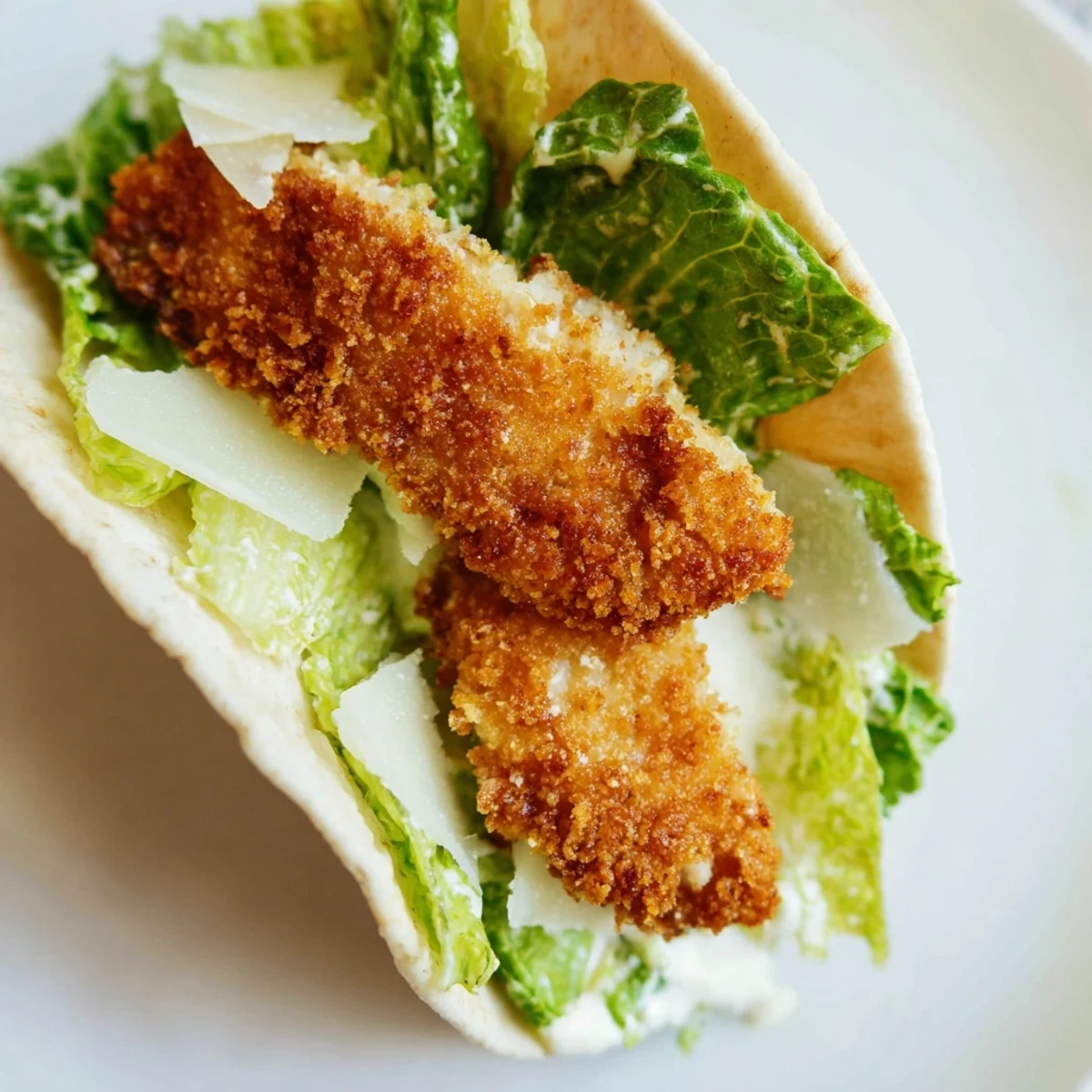 Crispy Herbed Chicken Caesar Pitas stuffed with fresh romaine and shaved Parmesan, ready to serve.