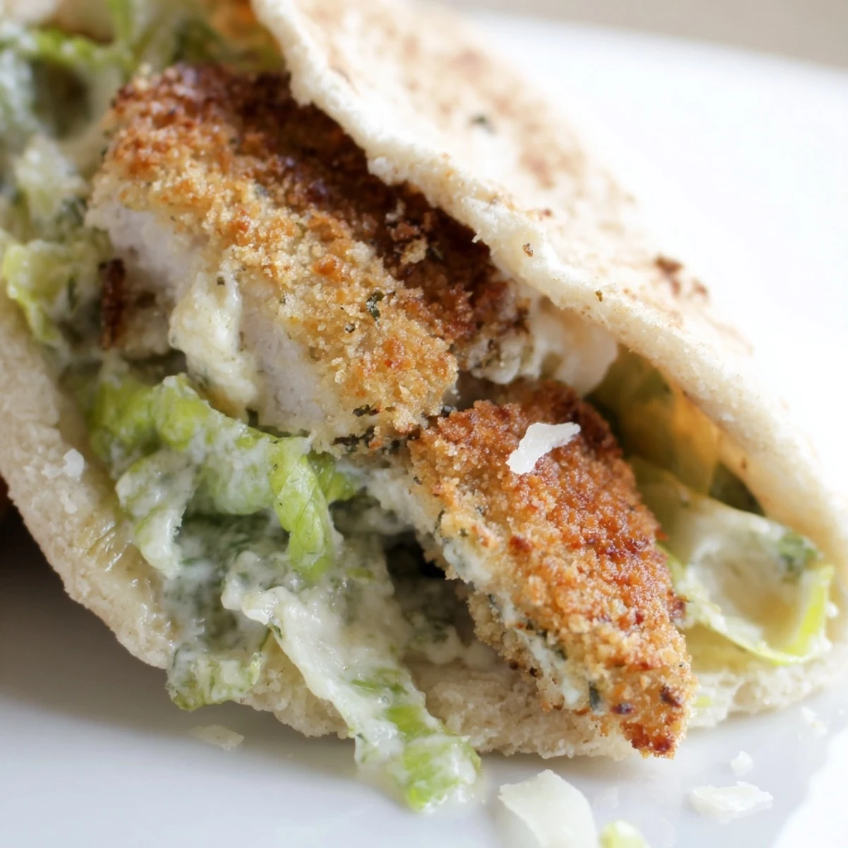 Easy Crispy Herbed Chicken Caesar Pitas garnished with lemon wedges on a rustic wooden table.