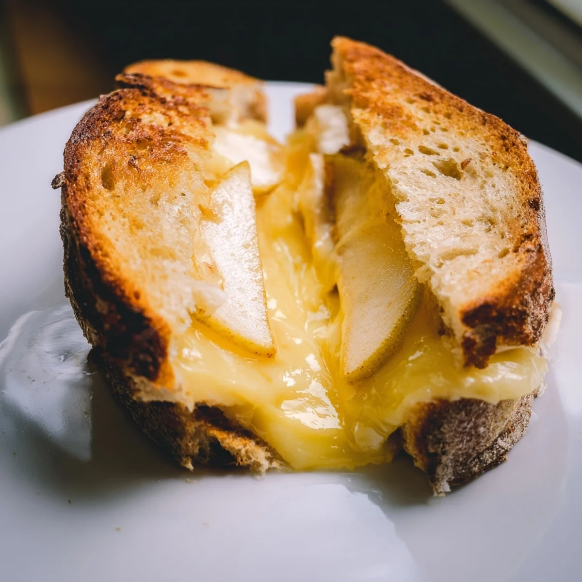Golden-brown sourdough grilled cheese stuffed with melted smoked Gouda and thin apple slices, served on a rustic cutting board.