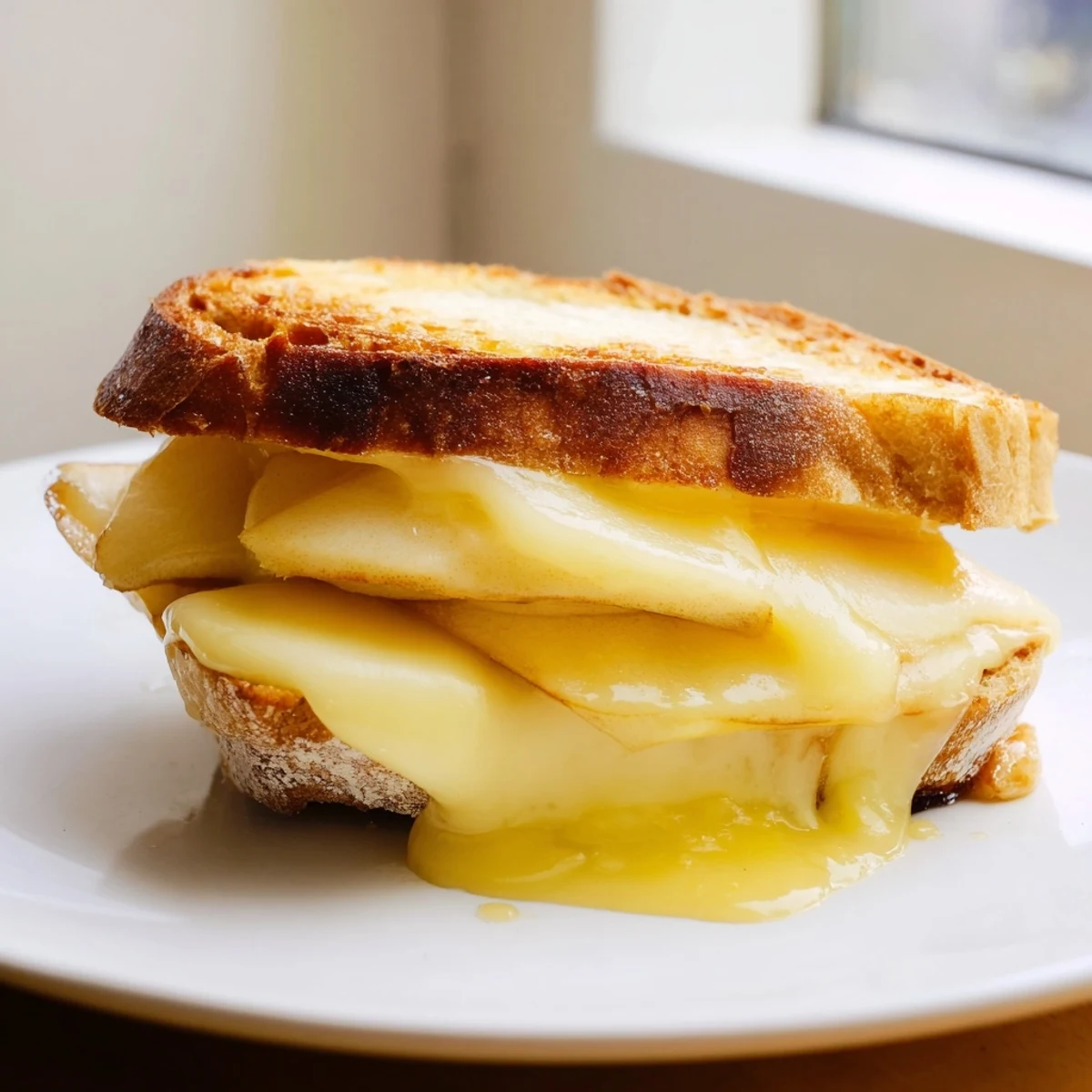 A close-up of a crisp, buttery sandwich filled with smoky cheese and tart apple, cut on a diagonal to reveal the layers.