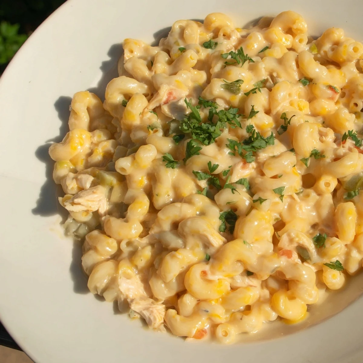 A close-up of creamy Green Chili Chicken Mac in a skillet, featuring tender chicken pieces and melted cheese blending with mild green chiles.  