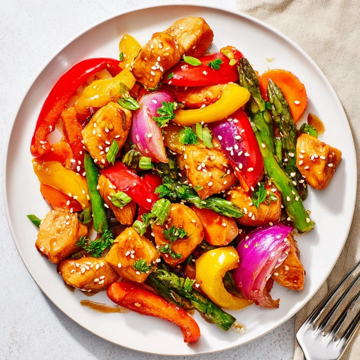 Freshly roasted Sheet Pan Honey Garlic Chicken and spring vegetables, garnished with parsley and sesame seeds, served alongside fluffy quinoa.  