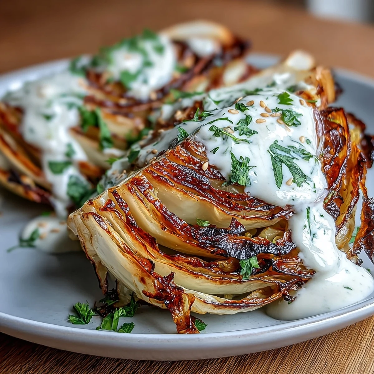 Golden roasted cabbage wedges topped with creamy tahini sauce.