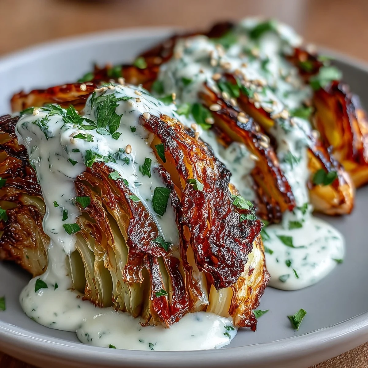 Easy roasted cabbage wedges, ready to be served with savory tahini.
