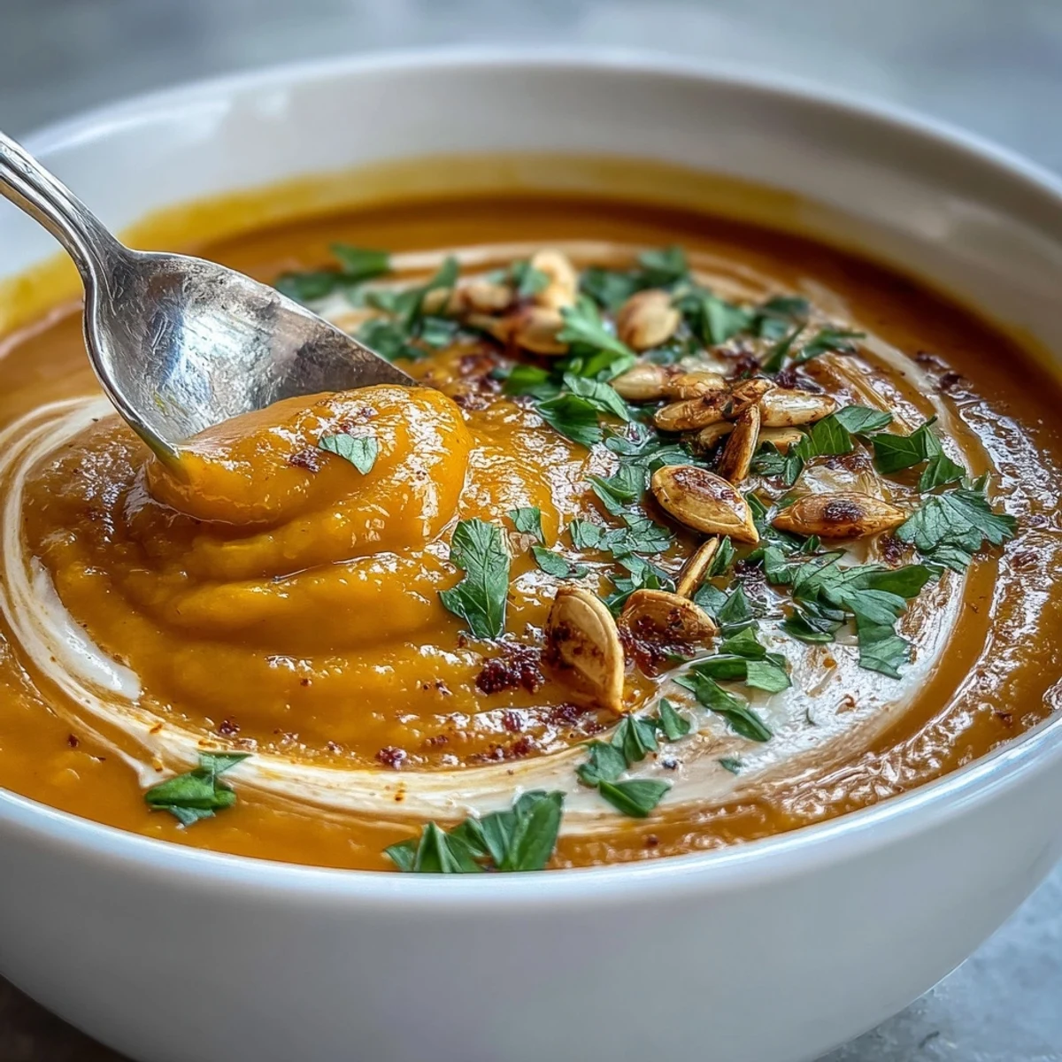 Creamy Butternut Squash Soup, roasted and blended to velvety perfection.