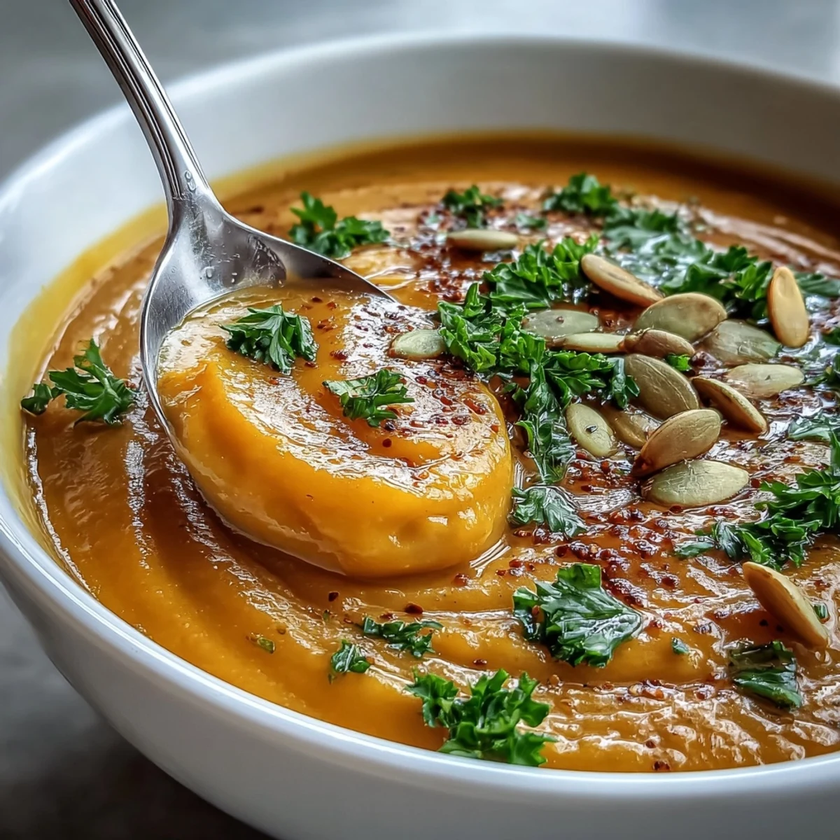 Hearty Butternut Squash Soup, topped with seeds and fresh herbs.