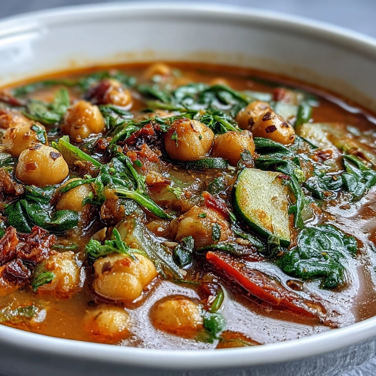 Hearty spicy chickpea stew with vibrant vegetables, perfect for a healthy vegan meal.