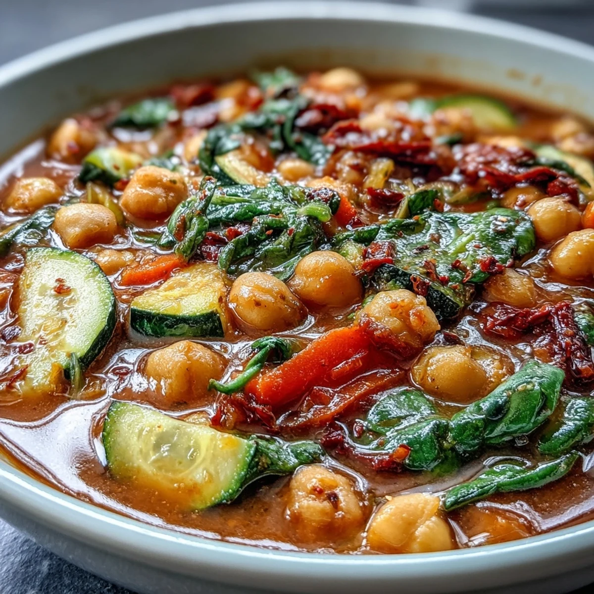 Spicy chickpea stew garnished with fresh herbs, steaming hot in a rustic bowl.