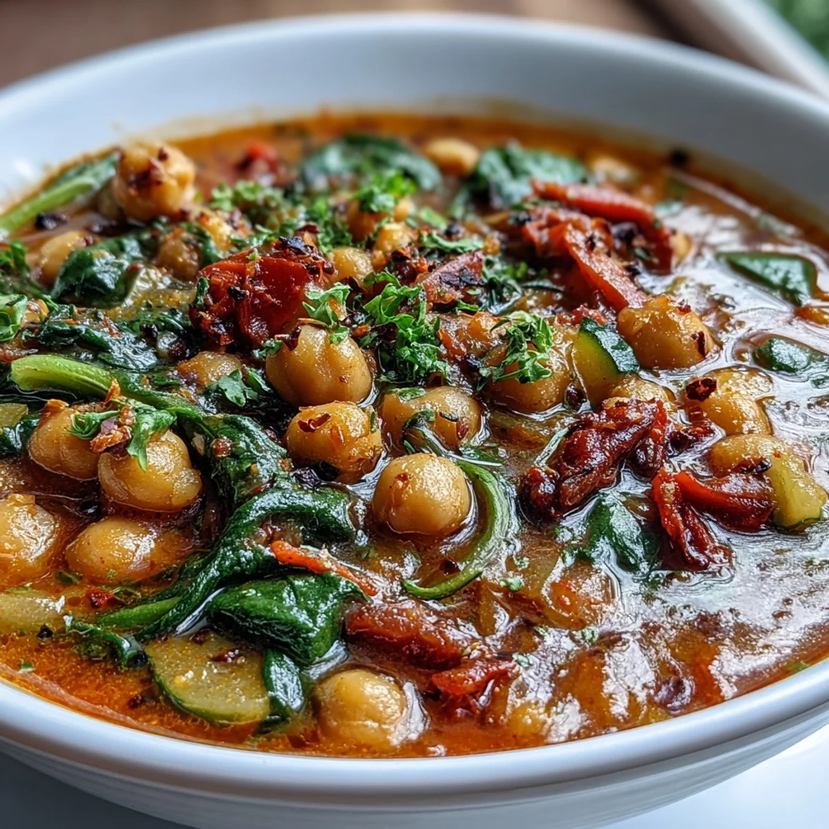 A flavorful, plant-based spicy chickpea stew served ready for dinner enjoyment tonight.