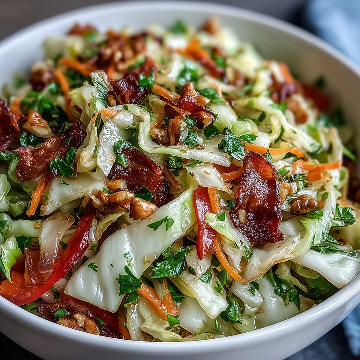 Warm, tender Cooked and Loved Cabbage Salad with vibrant colors and tangy dressing.