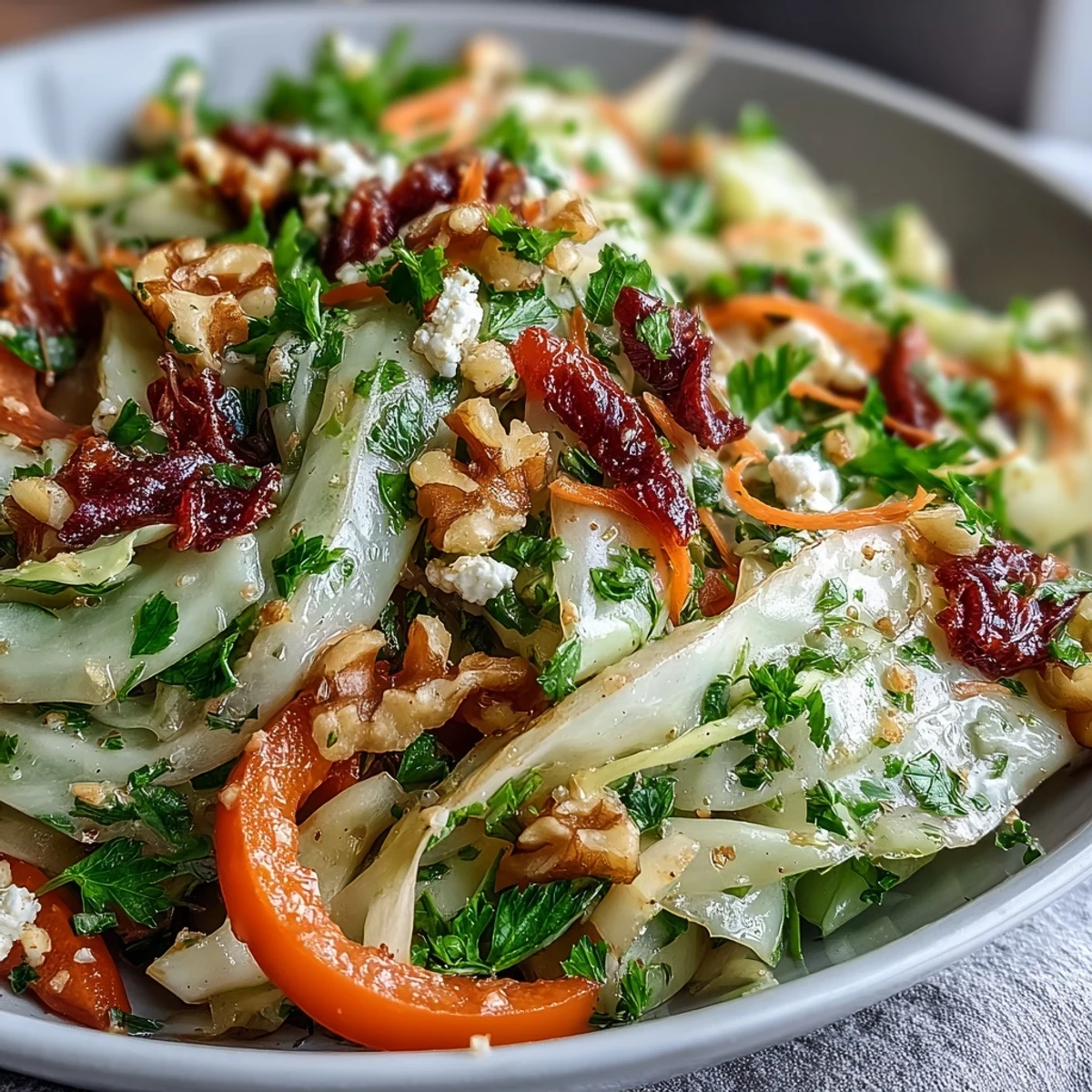 Beautiful Cooked and Loved Cabbage Salad with fresh herbs, ready to serve.