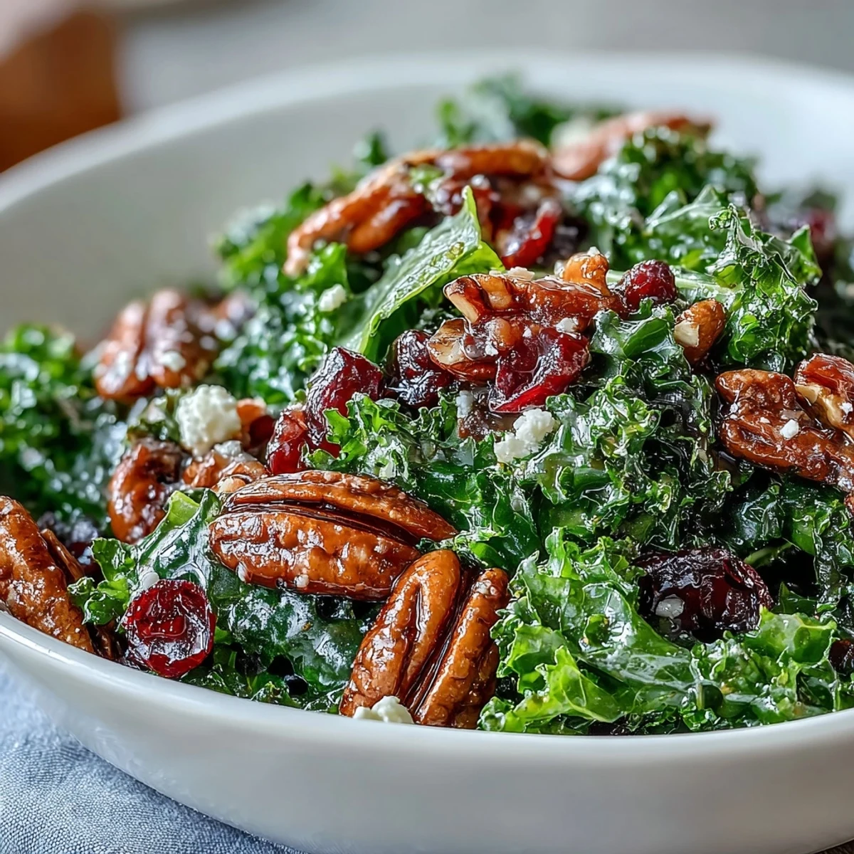 Tender massaged kale greens glisten with warm maple-mustard glaze, topped with sliced red onion and toasted walnuts for texture.