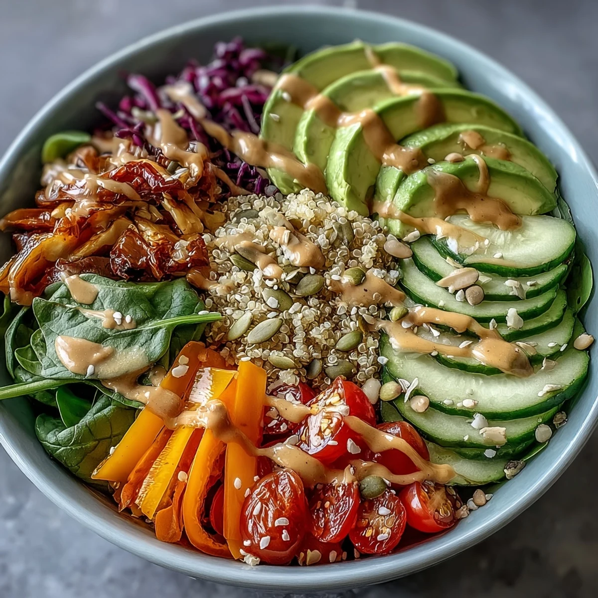 Fluffy quinoa forms the base of this Rainbow Buddha Bowl, topped with crisp veggies and creamy avocado slices.