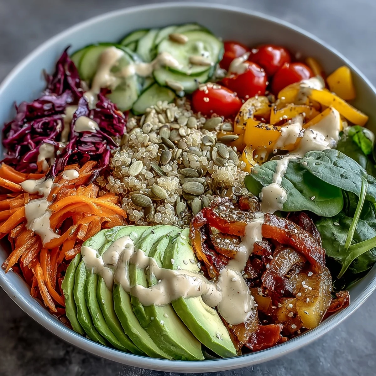 A colorful Rainbow Buddha Bowl features quinoa, chickpeas, and vibrant vegetables drizzled with a lemon-tahini dressing.