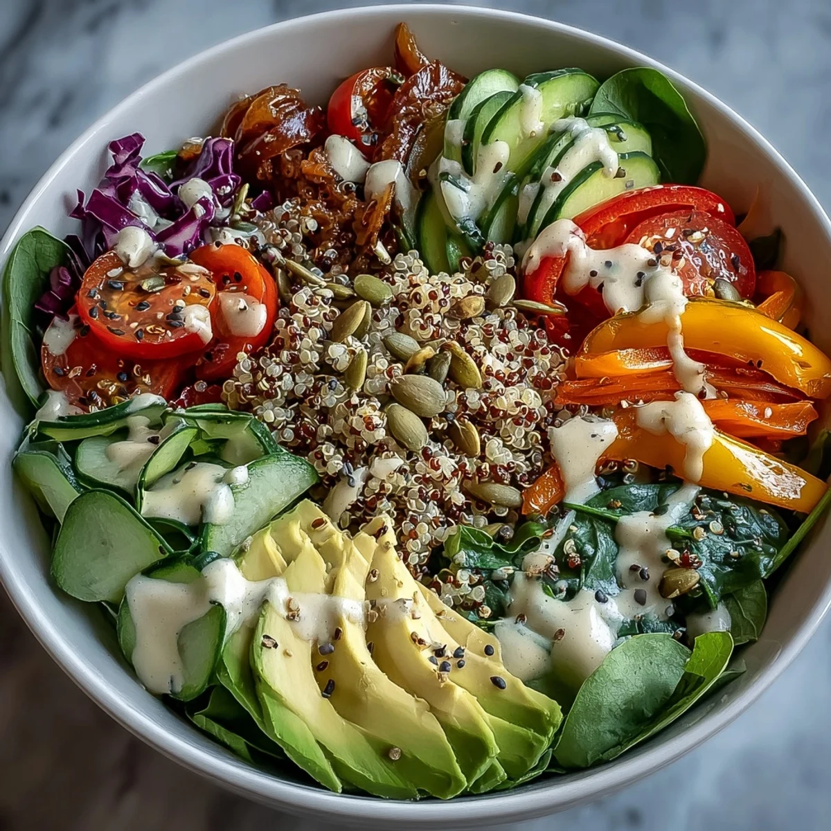 This wholesome Rainbow Buddha Bowl showcases quinoa, crunchy cabbage, and fresh veggies, perfect for a healthy dinner.