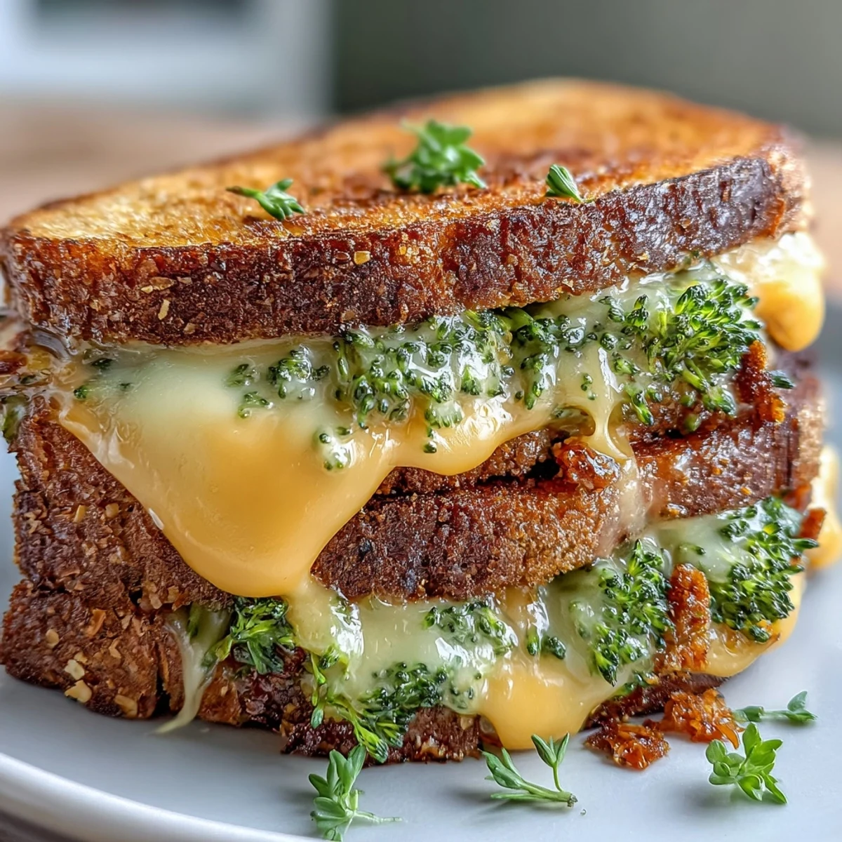 Golden brown Roasted Broccoli & Cheddar Grilled Cheese with melted cheese inside.