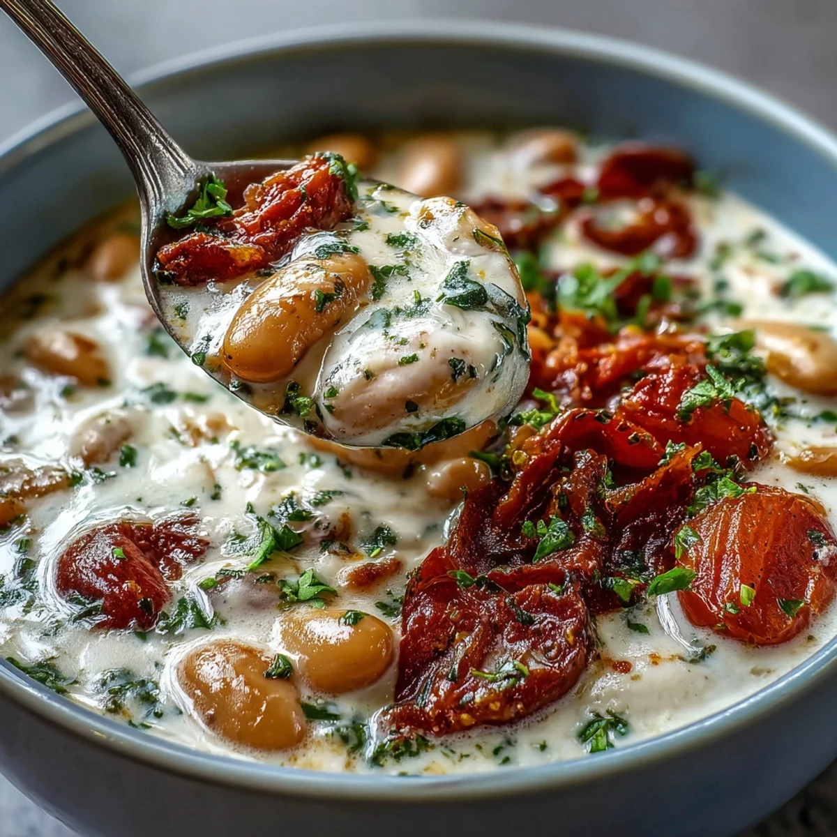 Bright, appetizing photo of White Bean Soup With Tomato in a white ceramic bowl, topped with a sprinkle of fresh basil.