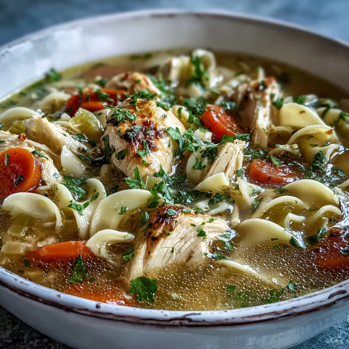 A comforting bowl of steaming Chicken Noodle Soup features tender chicken, carrots, and egg noodles, served on a cozy table.