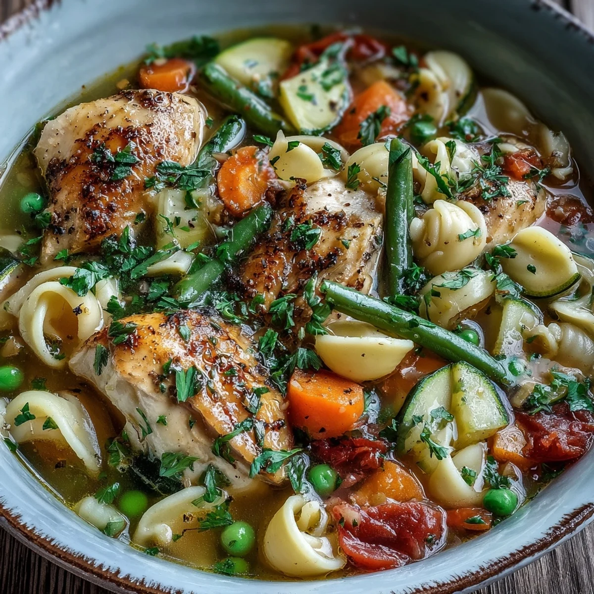 Family-style serving of hearty pasta soup with chicken and vegetables, complete with a ladle in the pot and crusty bread on the side for dipping.
