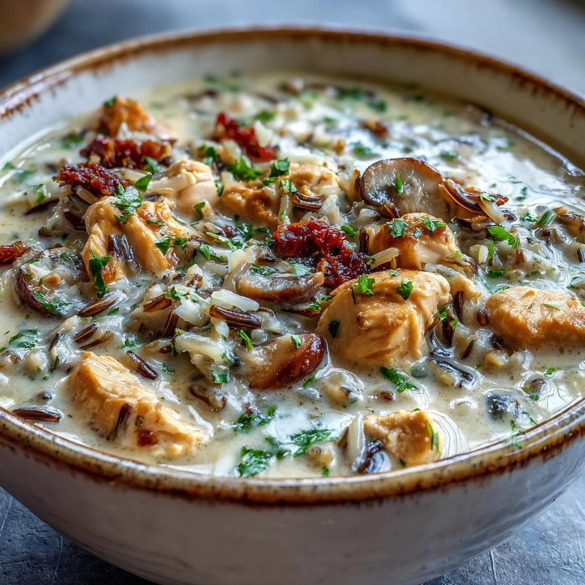 A warm bowl of Parmesan Mushroom Chicken and Wild Rice Soup garnished with fresh parsley, featuring tender chicken pieces and sliced cremini mushrooms in a creamy broth.