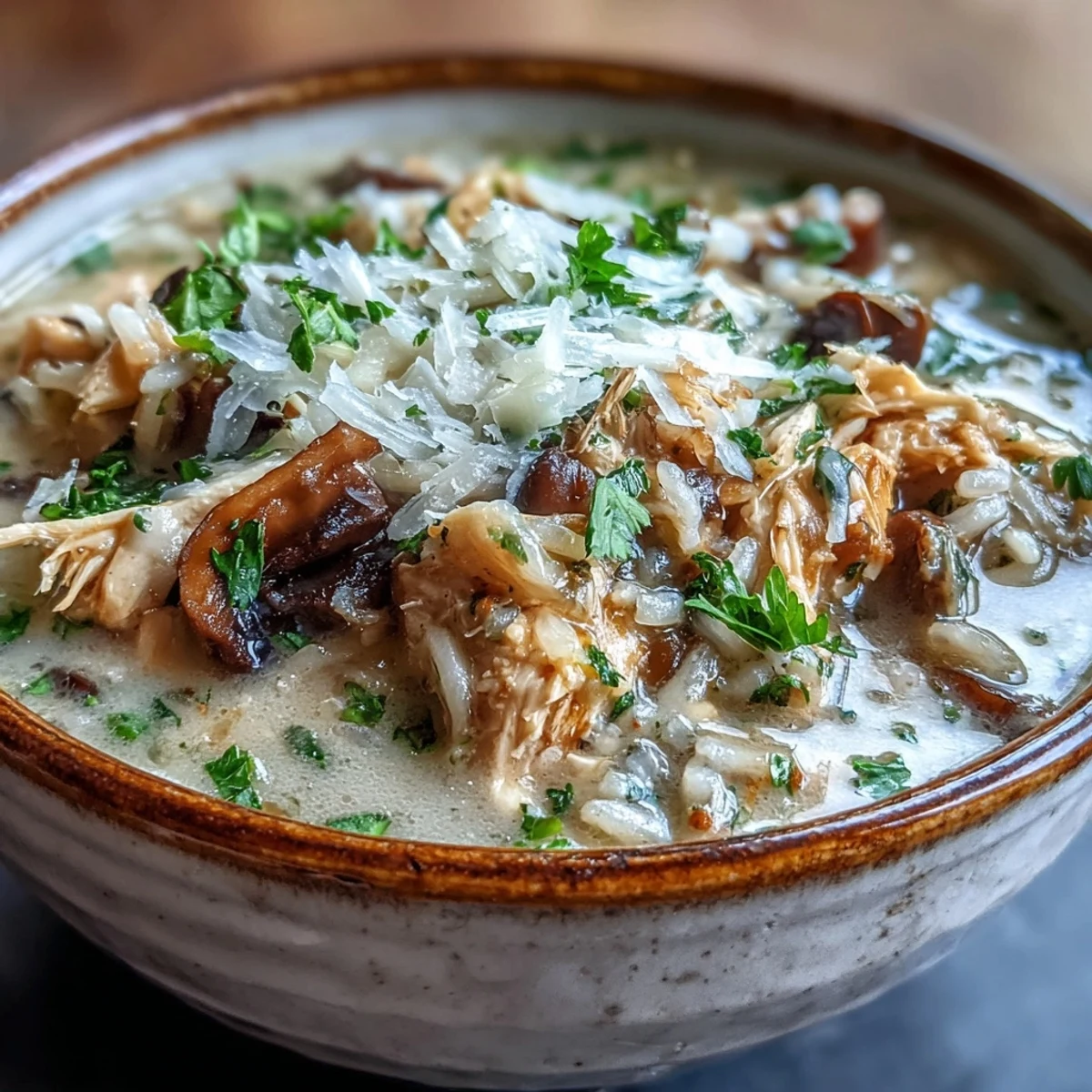 Close-up of ladle serving creamy Parmesan Mushroom Chicken and Wild Rice Soup into a bowl, highlighting the nutty wild rice and savory chicken in a comforting broth.