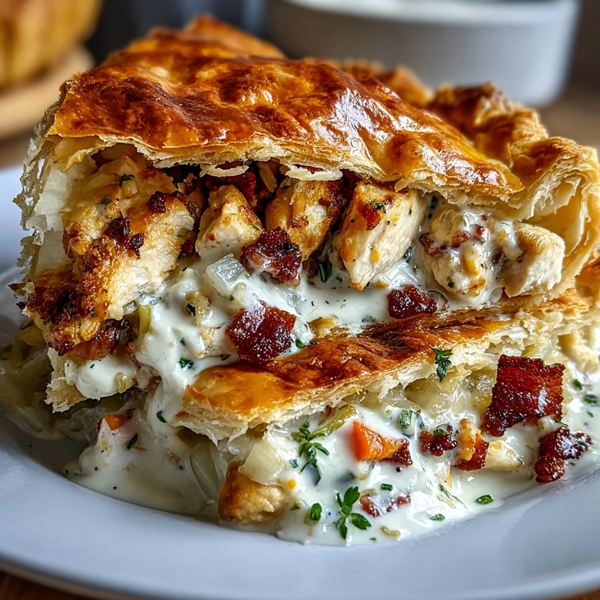 Steaming golden puff pastry tops this homemade chicken and leek pie, filled with creamy sauce, tender chicken, and crispy bacon bits.