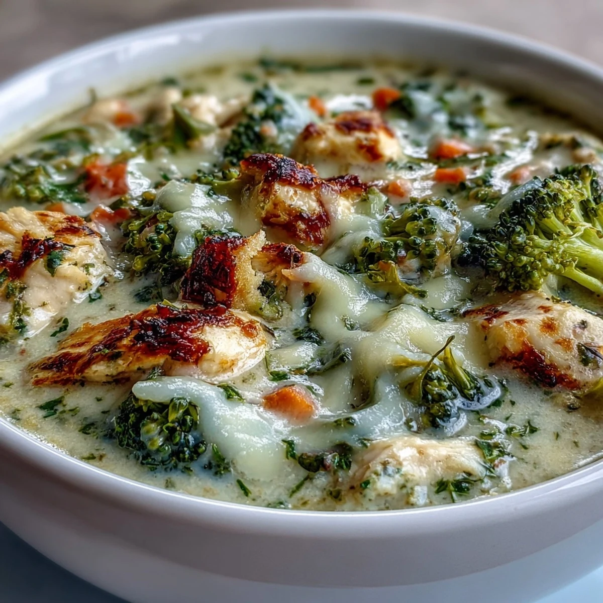 Steaming bowl of Best Chicken Broccoli Cheddar Soup garnished with shredded cheddar and fresh herbs.