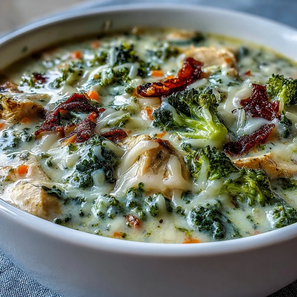 Best Chicken Broccoli Cheddar Soup served hot beside crusty bread for dipping on a rustic table.